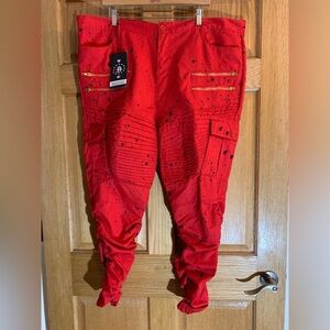 Brooklyn State Red w/Blk Splash Biker Zipper Stacked Slim Jeans Men's 5X 44X30+